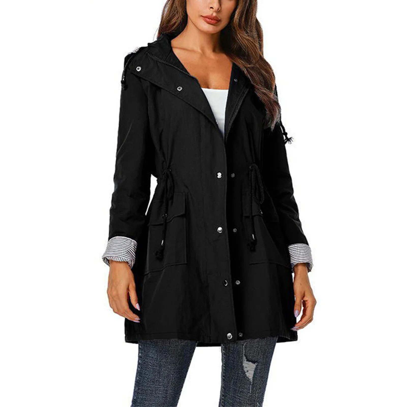 Women Rain Jacket Long Waterproof Drawstring Hooded Windbreaker Poncho Breathable Long Portable Water-Repell Rainwear Jacket 1
