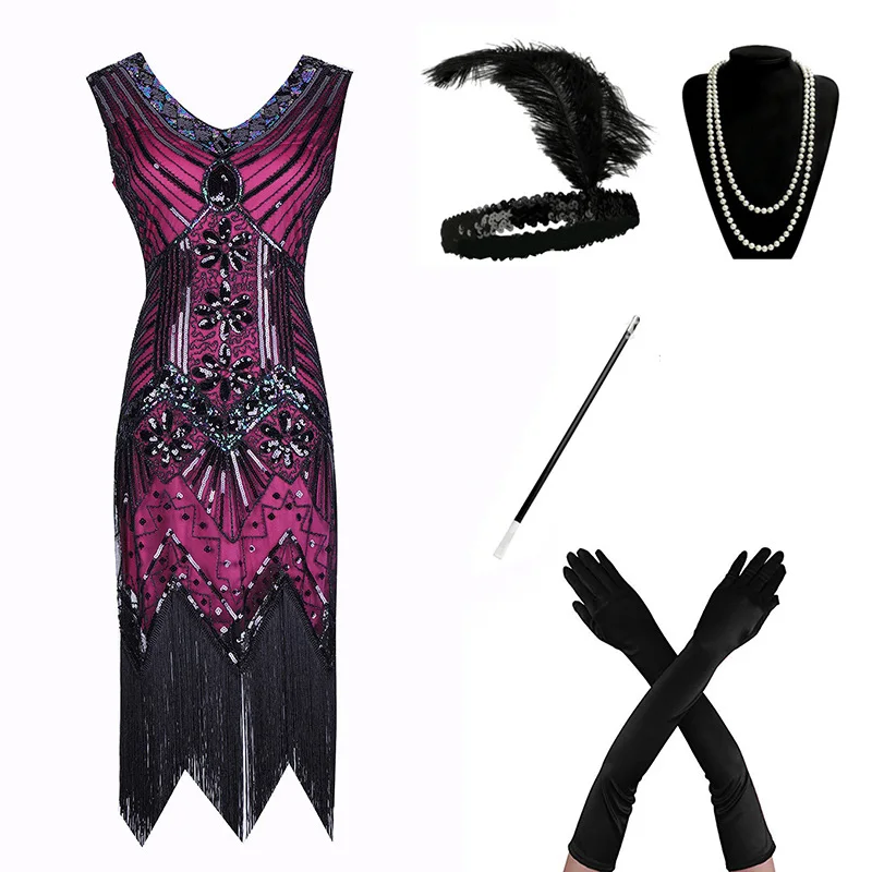 1920s Flapper платье Great Gatsby вечерние платья с блестками и бахромой - Цвет: rose red set