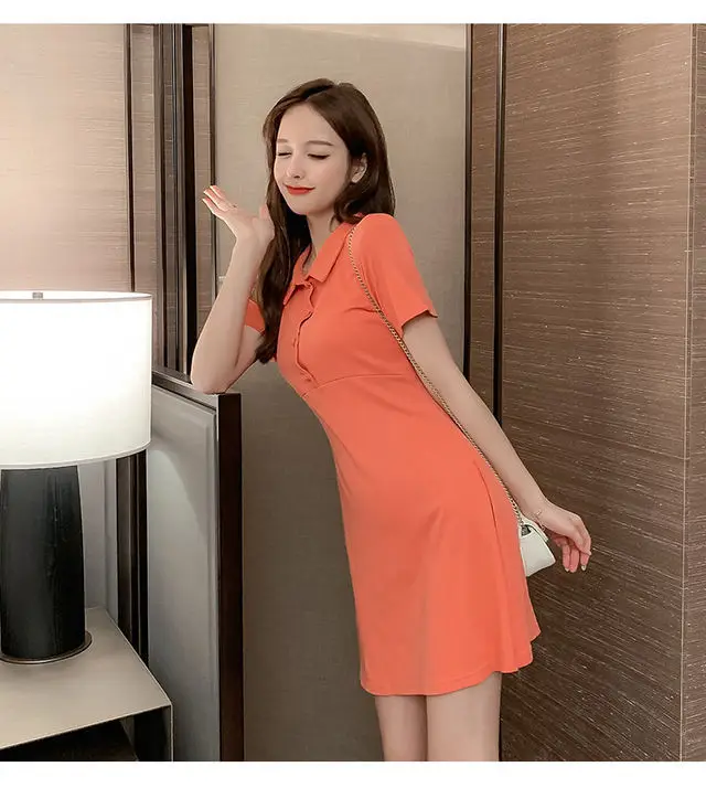 Short Sleeve Dress Women Turn Down Collar Solid Buttons Fresh Simple Fashion Street Slender Elegant Womens Vestido Chic Retro