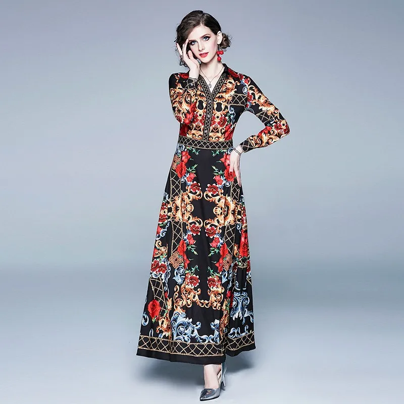 

2019 New Runway Autumn Vintage Printed Collar V Neck Long Sleeve dress Women Ladies Party Casual A-Line Maxi Beach Dresses robe