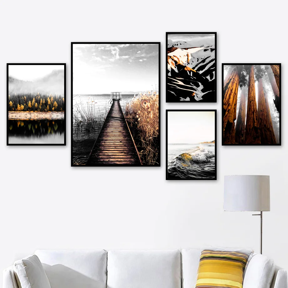 Bridge Forest Snow Mountain River Lake Wall Art Print Canvas Painting Nordic Posters And Prints Wall Pictures For Living Room