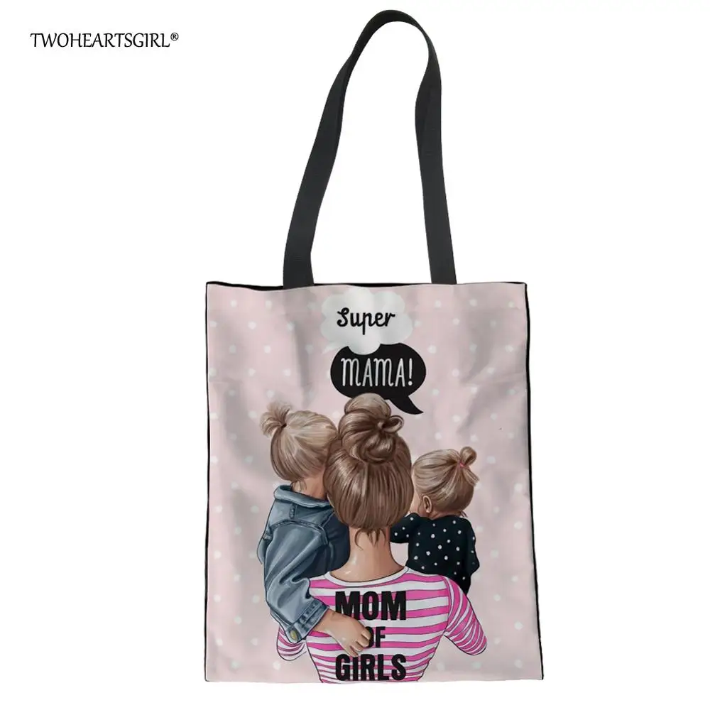 

Twoheartsgirl Pink Super Mama Canvas Bags Eco Reusable Shopping Bags Foldable Shoulder Bag for Girls Casual Female Handbag Tote