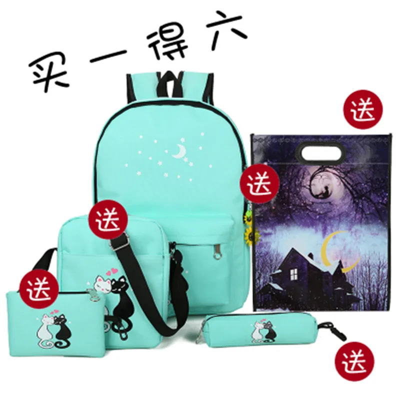 

New WOMEN'S Backpack Korean-style Canvas Cat School Bag 6 Pieces Send bu xi dai Good Quality