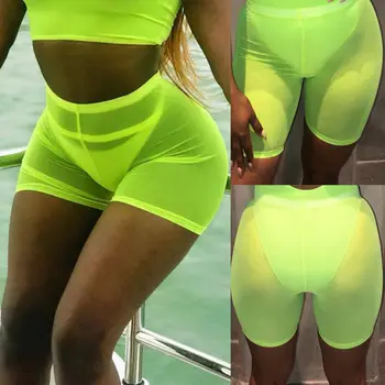 

Fluorescence Color Mesh Sheer Bikini Cover-Ups Women Sexy Beach Cover Up Shorts Swimwear See Through Holiday Sea Summer 2019
