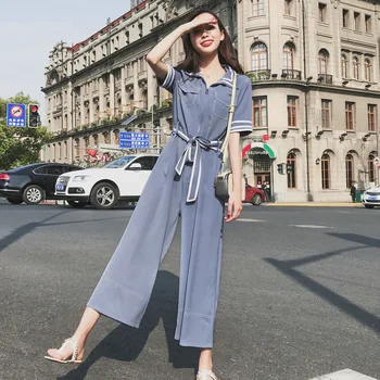 

Slim Chiffon Jumpsuit for Women 2020 Short Sleeve Rompers Womens Korean Zip Jumpsuits Casual Jumpsuit