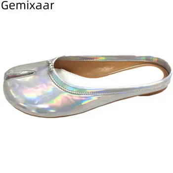 

Slippers Women Shoes Chic Metal Colors Flat Heel Outside Ladies Slides Comfy Genuine Leather Split Toe Slip On Woman Slippers