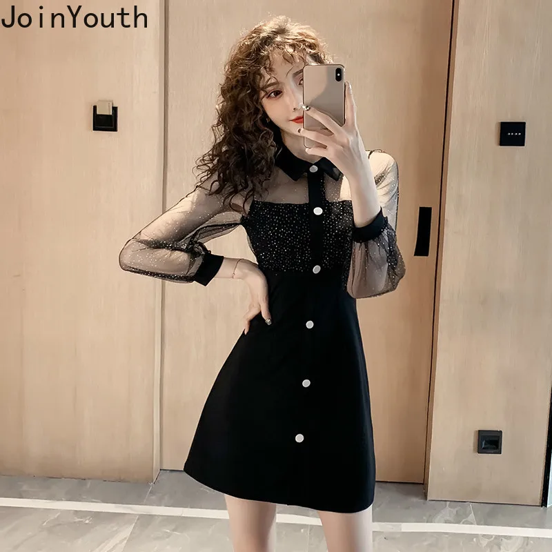Joinyouth платье с блестками корейское однотонное ТРАПЕЦИЕВИДНОЕ мини-платье