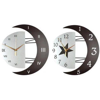 

NEW-Wall Clock Modern Design Hollow Wooden Moon Shape Mute Quartz Watch Wall Clock on the Wall Decoration for Home Hanging Clock