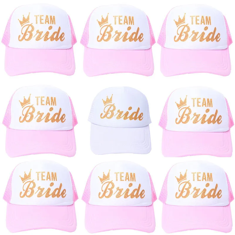Женская свадебная хлопковая сетчатая бейсболка кепка розовая и белая Команда Невесты Золотая Корона курица вечерние Дальнобойщик Регулируемый головной убор AC02