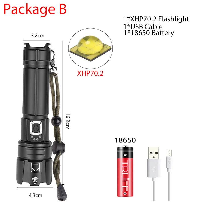 Самый мощный светодиодный фонарь XHP70.2 XHP50, водонепроницаемый фонарь, перезаряжаемый через USB, фонарь с зумом для кемпинга, рыбалки, с 18650, 26650 b - Испускаемый цвет: B