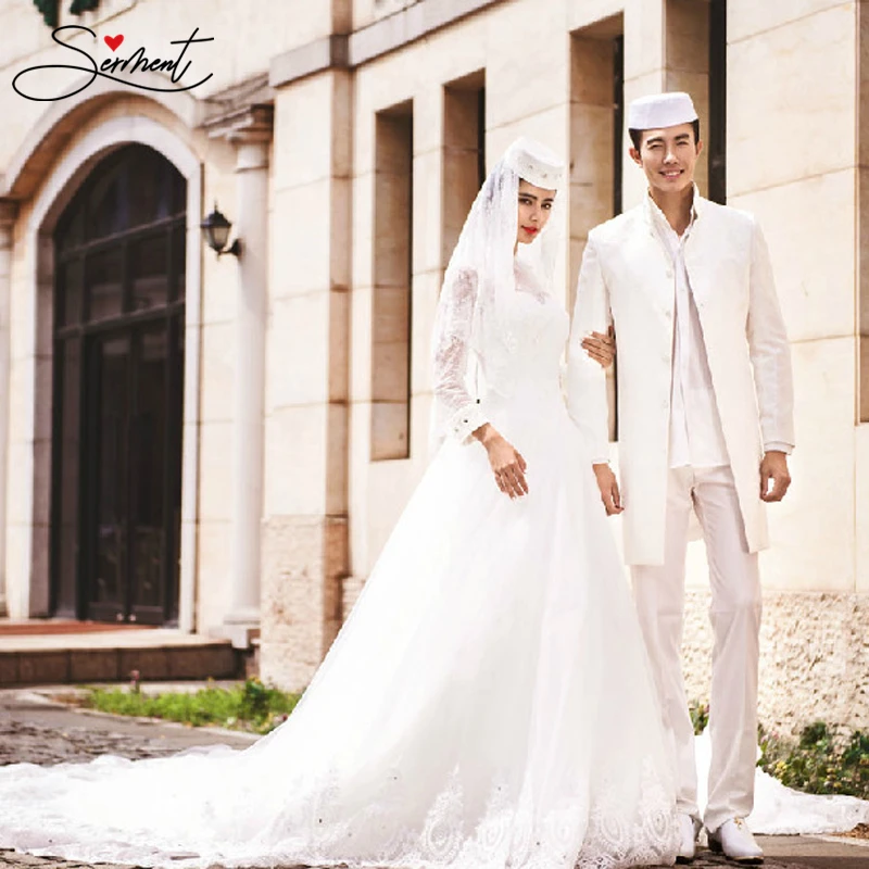 SERMENT, длинное мусульманское свадебное платье, белое, слоновая кость, белое, мягкое, сатиновое, с высоким воротником, длина до пола, на шнуровке, свадебное платье для пары
