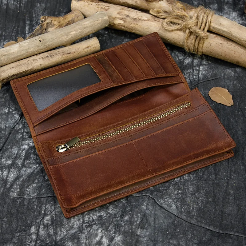 Brown Real leather Trifold clutch Hasp Phone purse durable checkbook Mens Crazy Horse Leather Long Wallet 33 DSC_3007
