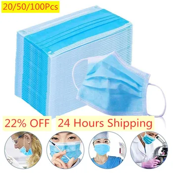 

20\50\100pcs Fast Delivery Hot Sale 3-layer Mask Face Mouth Masks Non Woven Disposable Anti-Dust Meltblown Cloth Earloops Masks