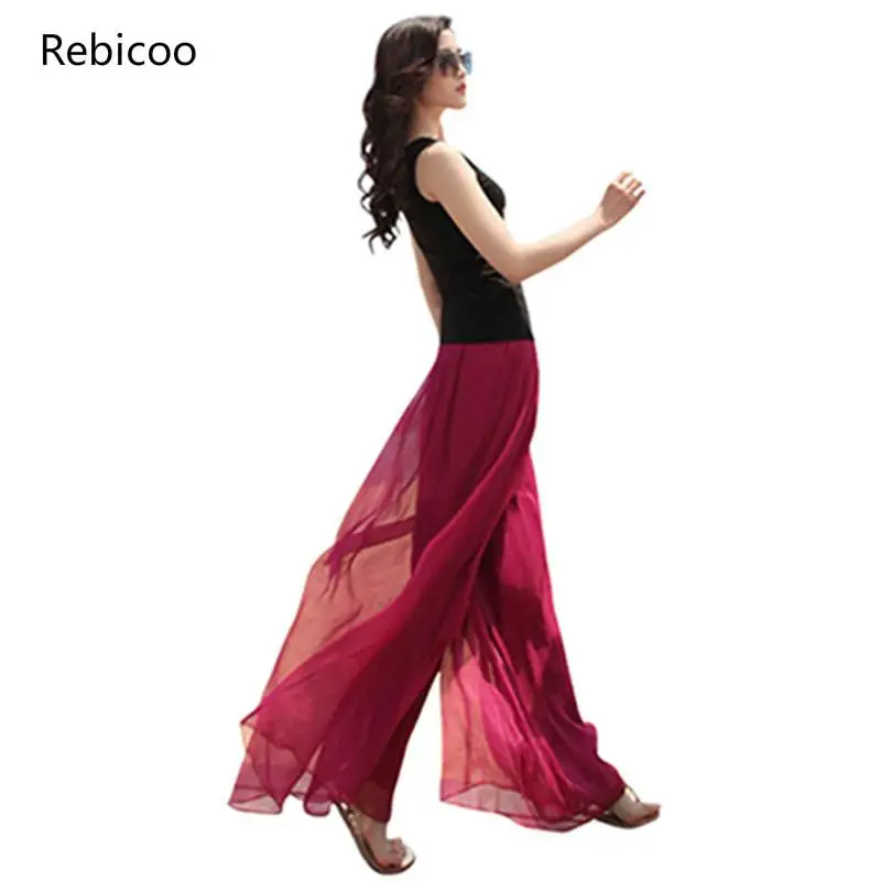 

Candy colors Summer loose large size beach pants Elasticity high waist skirt pants fashion chiffon pants wide leg pants