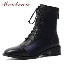 Meotina Winter Ankle Boots Women Natural Genuine Leather Thick Heel Short Boots Zipper Square Toe Shoes Female Autumn Size 34-39