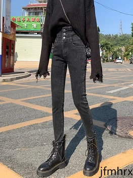 

2020 Spring Autumn New Pencil Jeans Female Korean Version of The Breasted Tight-fitting Was Thin Fashion Slim Elastic Trousers