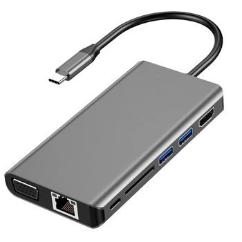 

HOT-8-In-1 Type C to HDMI VGA Hub Network Card Expansion Dock USB C to HDMI Card Reader