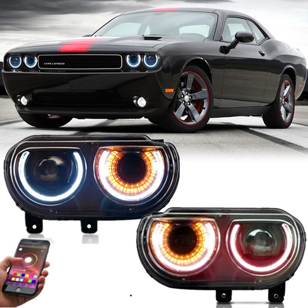 

Автомобильные светодиодный ные фары для Dodge Challenger 2008-2014, технология Plug and Play, RGB, Bluetooth, управление через приложение, гало, DRL, передние фары