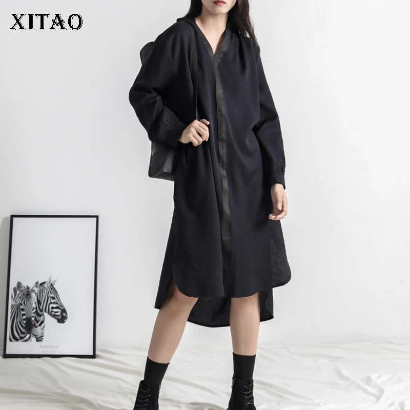 

XITAO Vintage V Neck Patchwork Midi Dress Long Sleeve Irregular Loose Casual Plus Size Dress Autumn Women Clothes 2019 GCC1215