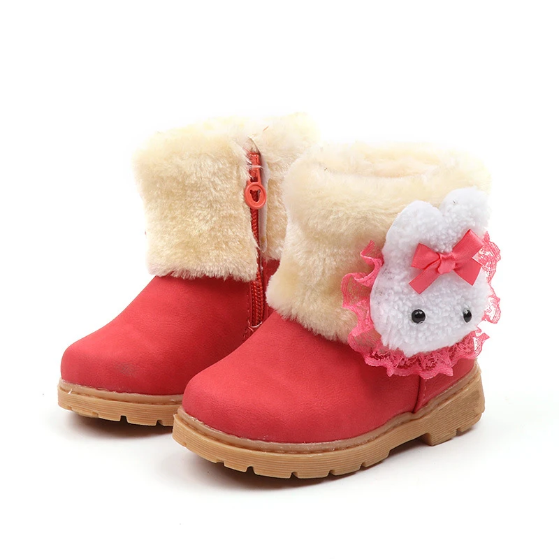 Теплые ботинки для девушек; детские резиновые ботинки из толстого хлопка; детские ботинки с милым кроликом и кружевом; модные водонепроницаемые ботинки принцессы для малышей - Цвет: Красный