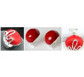 

Free Shipping Perfect matched Red Carved Lacquer Marcasite 925 Sterling Silver Ring(#7-10) Earrings & Pandent jewelry sets