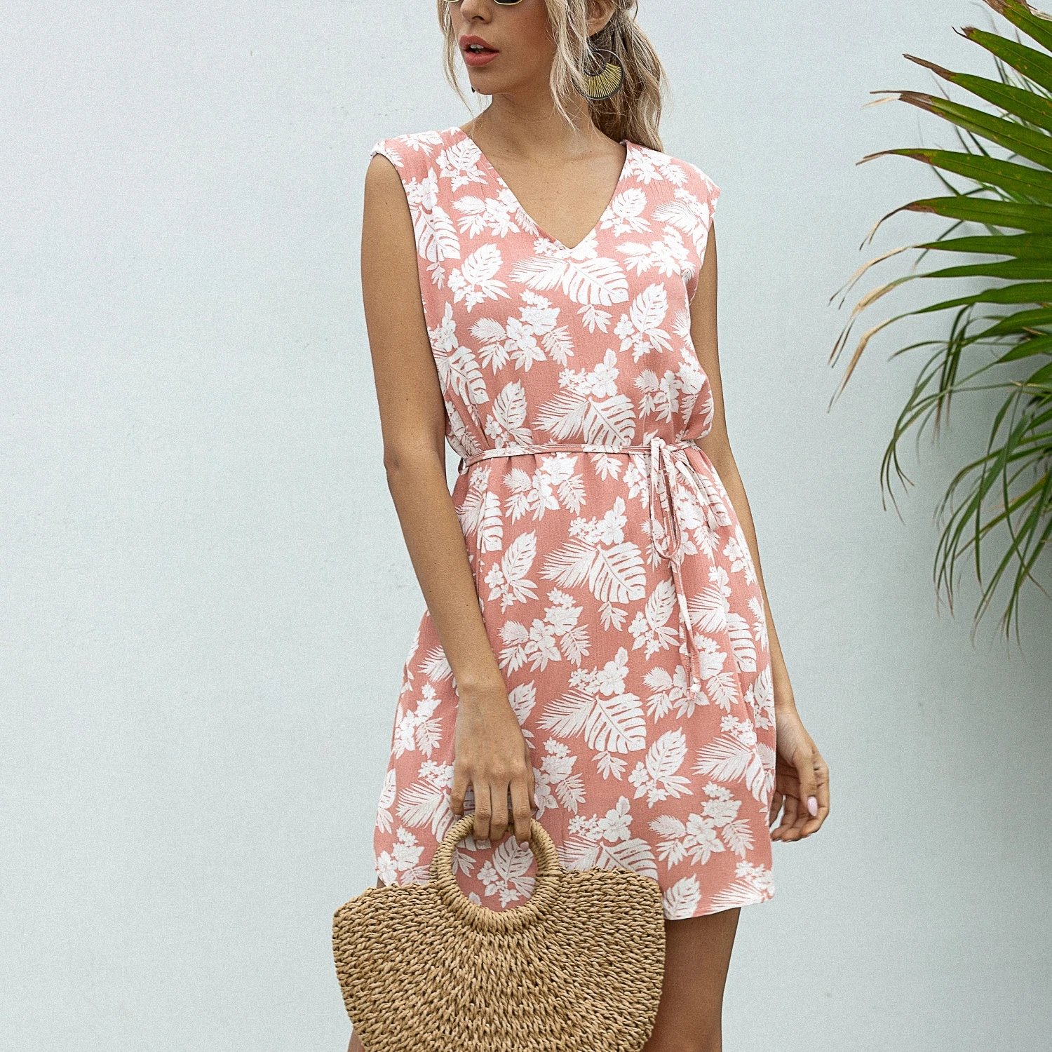 Women Fashion V-Neck Floral Plants Print Sleeveless Bandage Casual Mini Dress | Женская одежда