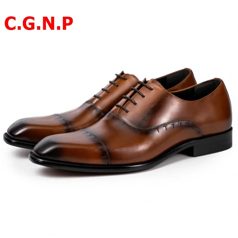 

C.G.N.P Men Dress Shoes Genuine Leather Shoes Imported Calf Leather Oxfords Formal Shoes Italian Three Joint Military Men Shoes