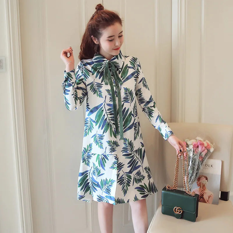 

Maternity Clothes 2018 Autumn Mid-length Pregnant Women Dress-Style Fold-down Collar Printed Loose And Plus-sized Maternity Dres
