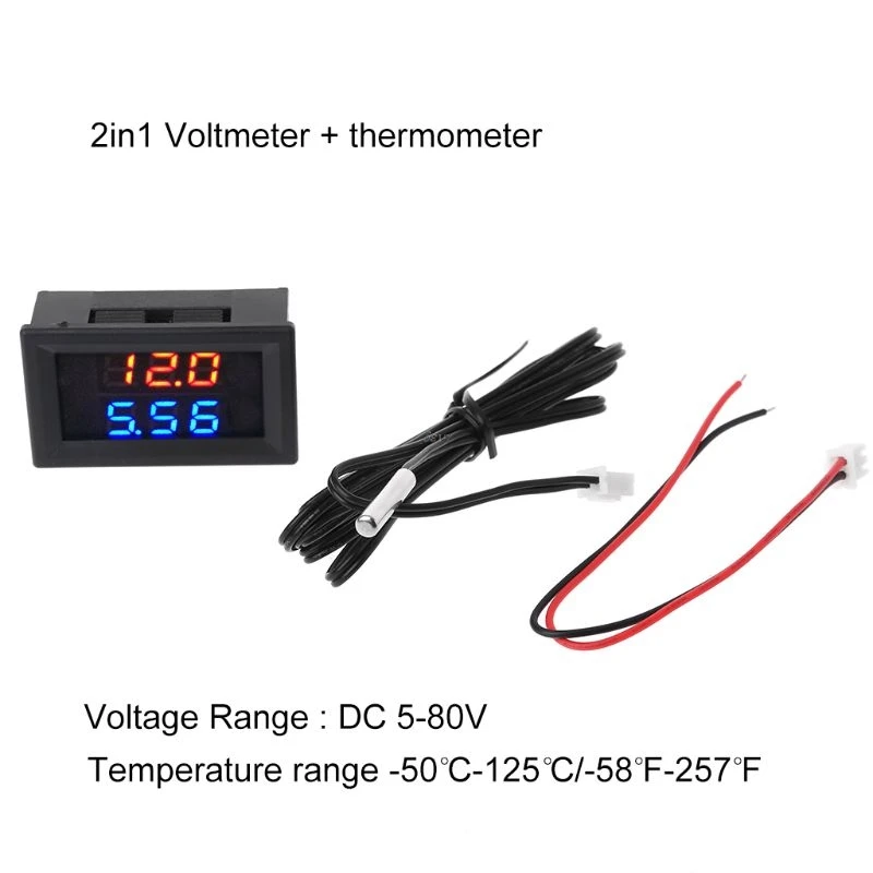 

2in1 Car Voltage & Temperature Meter Dual Dispaly Voltmeter + Thermometer for 5v 12v 24v 48v 60v 72v