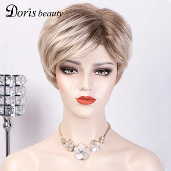 

Doris Beauty Short Ombre Synthetic Wig With Natural Bangs For Women Partial Part Dark roots Wigs High-Temperature