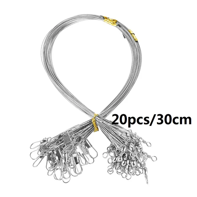20PCS Anti Bite Steel Fishing Line Steel Wire Leader With Swivel Fishing Accessory Lead Core Leash Fishing Wire 15CM-40CM Silver 30cm