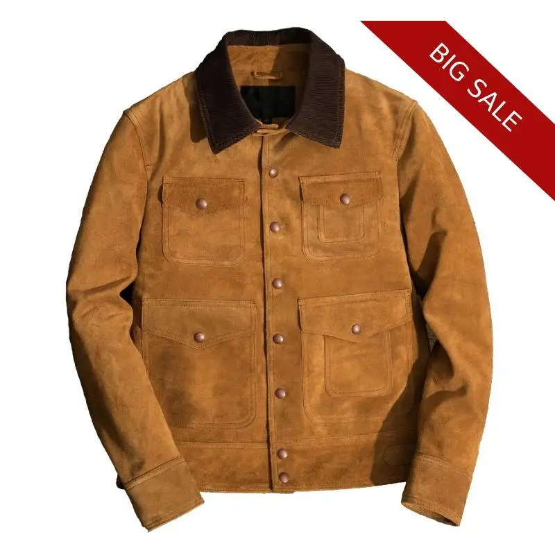 

2020 Light Brown Men Smart Casual Leather Jacket Single Breasted Plus Size XXXXL Genuine Cowhide Autumn Slim Fit Leather Coat