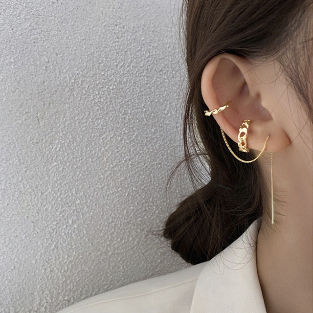 Design Gold Silver Color Metal Geometric Irregular Tassel Chain Clip Earrings for Women Non Pierced Ear Cuff 2021 Jewelry