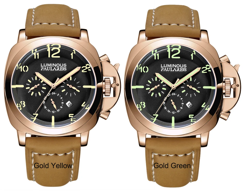 Automatic Self Wind Mechanical Genuine Brown Leather Strap Multifunction Date Month Yellow Green Luminous Rose Gold Men Watch