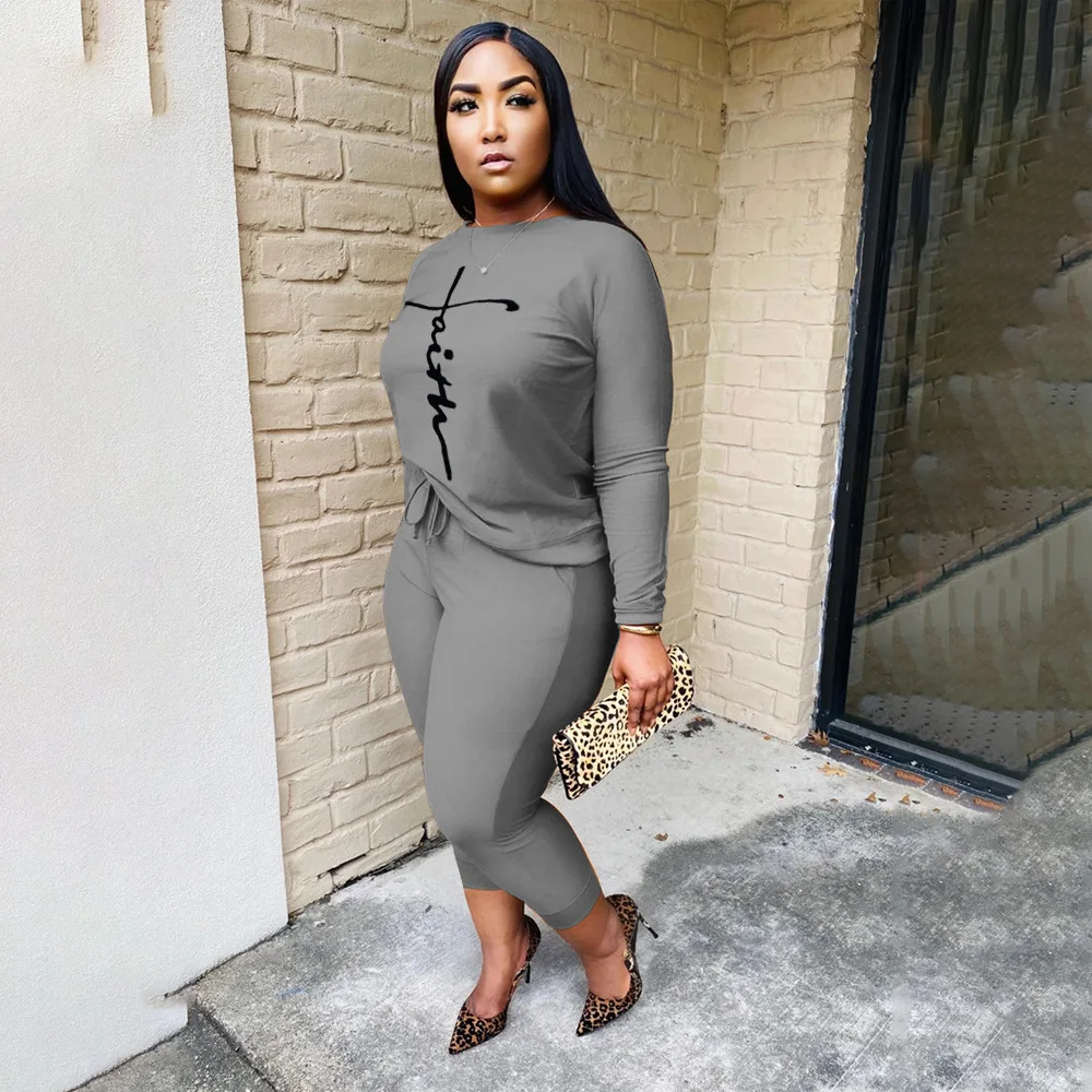 Plus Size Top And Pants Matching Set Letter Printing Casual Two Piece Set Women Jogger Sport 2 Piece Tracksuit Sweat Suit Outfit