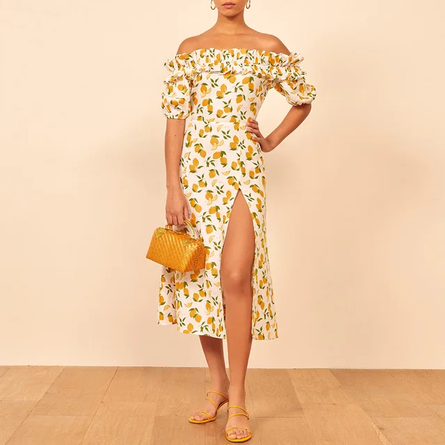 Yellow Lemon Dress Summer Dress For Women Vintage Lemon Print Elegant Midi Dress Side Slit Puff Sleeve Ruffle Sexy Off Shoulder 