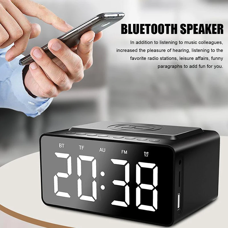  Wireless Charger Bluetooth Subwoofer Speaker 2 Alarm Clock USB Charging for LED Mirror Phone Portab