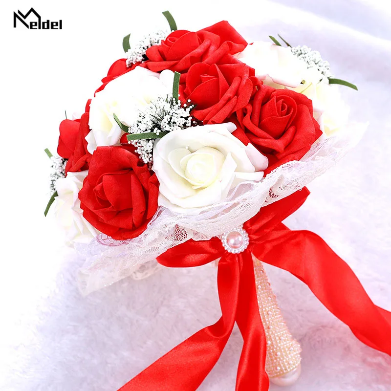 Meldel Artificial Roses Pink Wedding Flower Bridal Bouquet Fake Flower Wedding Bouquet Bridal Bouquets Holder Mariage Home Decor