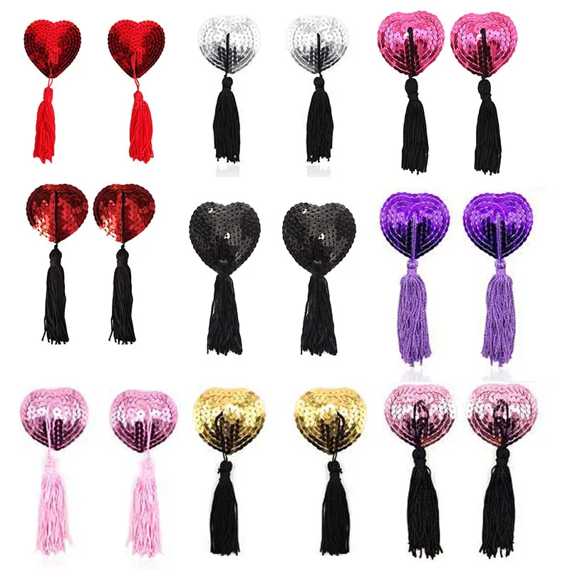 

Women Sexy Sequin Nipple Cover Tassels Heart Shape Nipple Stickers Silicone Pasties Reusable Nipple Covers Invisible Boob Tape