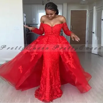 

Maxi Red Lace Evening Dress With Long Sleeves 2020 Boat Neck Overskirt African Women Prom Dresses Party Vestidos