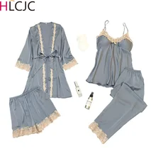 4 шт./компл. пикантные Для женщин атласные шелковые пижамы комплект халат+ Топы без рукавов+ шорты наборы ухода за кожей+ штаны одежда для сна Ночное белье Femme