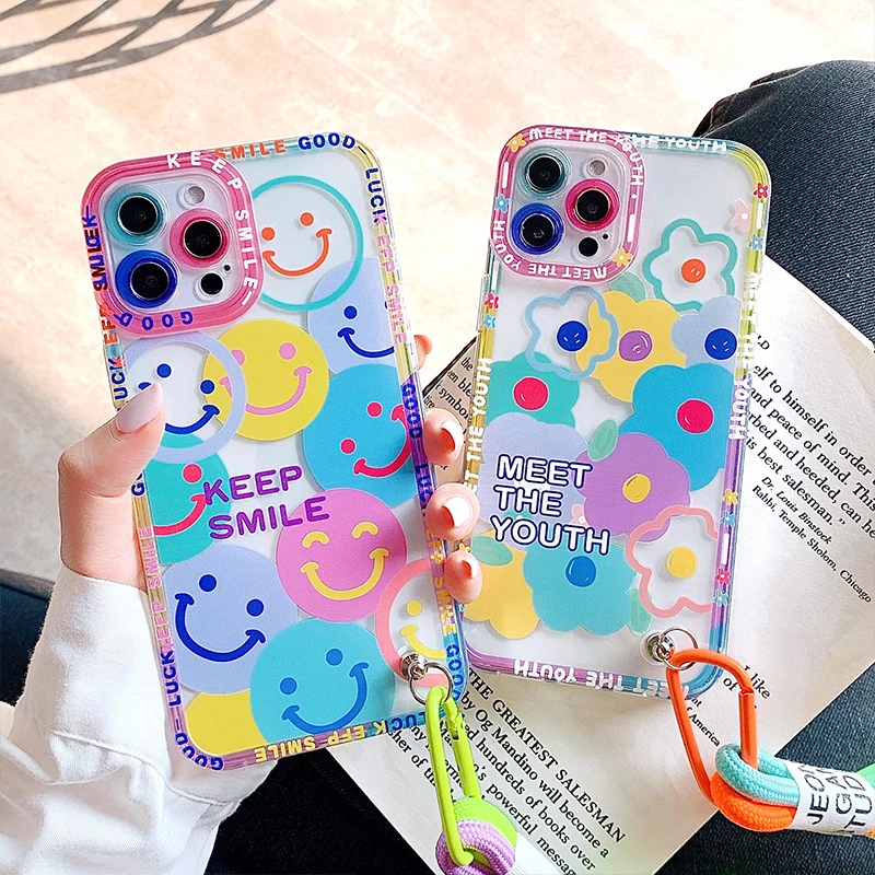 Cute Smile Case Wrist Strap Stand Cover For iPhone 15 Pro Max 14