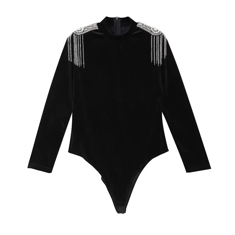 Black Getspring Для женщин футболка с кисточками в стиле пэчворк с воротником-стойкой и велюр футболка Для женщин с длинным рукавом Винтаж сексуальные футболки осень-зима - Цвет: Black
