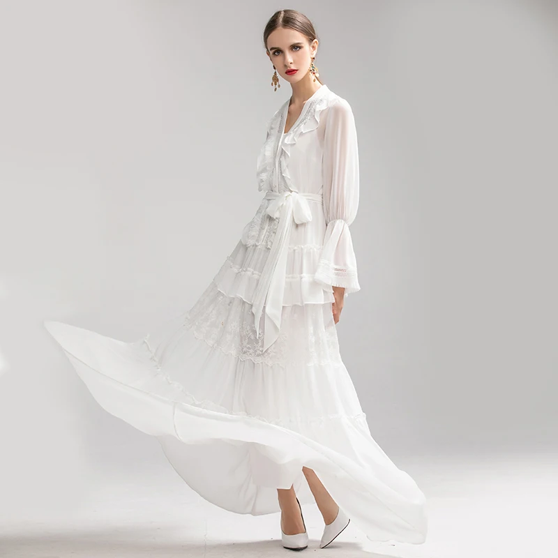 AELESEEN, дизайн, высокое качество, Платья для вечеринок, женское, элегантное, с расклешенными рукавами, роскошное, кружевное, с поясом, свободная талия, гофрированное, макси платье