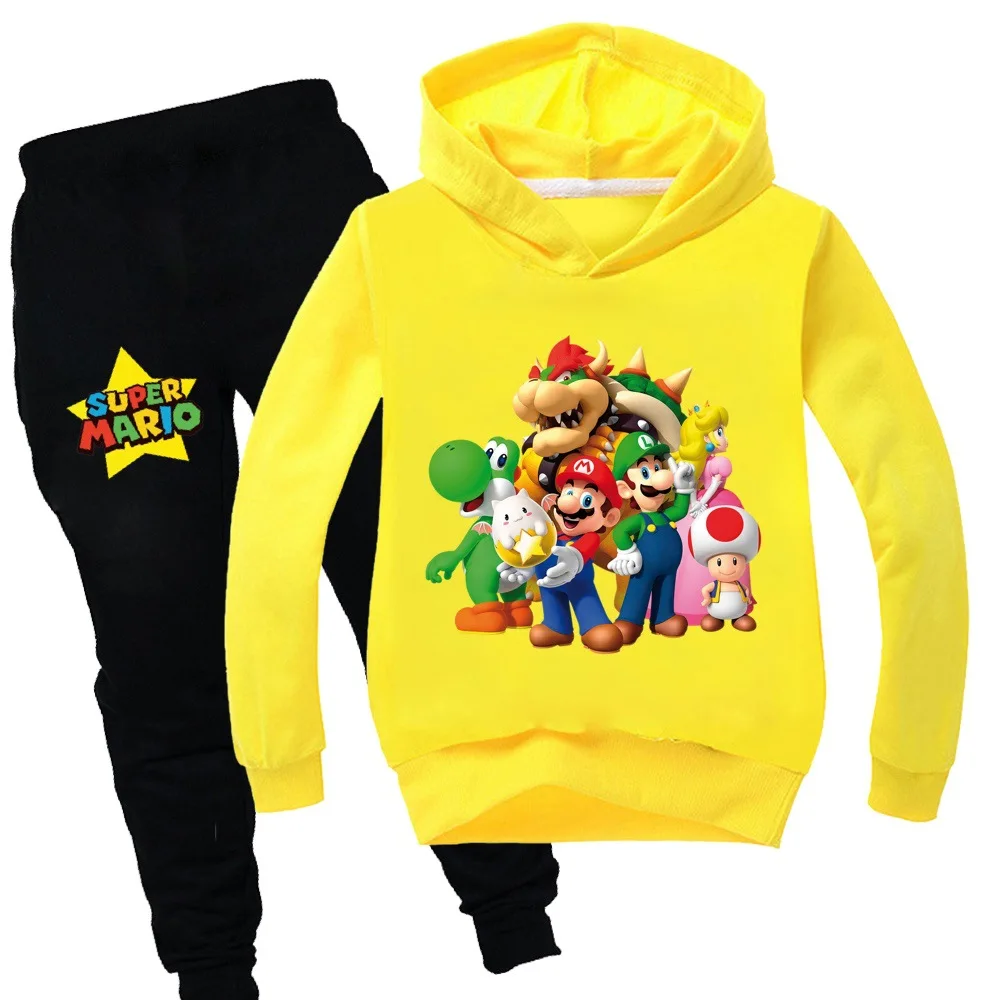Комплект модной одежды для детей, пальто с длинными рукавами с изображением героев мультфильма «Братья Марио» и «Йоши»+ спортивные штаны Одежда для мальчиков, пуловер топы для девочек, комплекты одежды