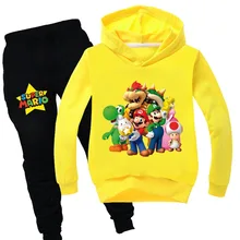Комплект модной одежды для детей, пальто с длинными рукавами с изображением героев мультфильма «Братья Марио» и «Йоши»+ спортивные штаны Одежда для мальчиков, пуловер топы для девочек, комплекты одежды