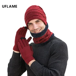 3PC Winter Hat for Men Plush Thick Wool Beanie Plaid Knitted Hat Scarf Gloves Set Touch Screen Gloves Outdoor Skullie Cap Bonnet