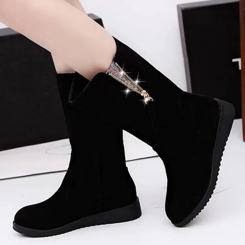 

Wedges Med Heels Mid-Calf Boots Winter Warm Plus velvet Snow Boots For Woman Large Size Crystal Winter Boots Women обувь женская