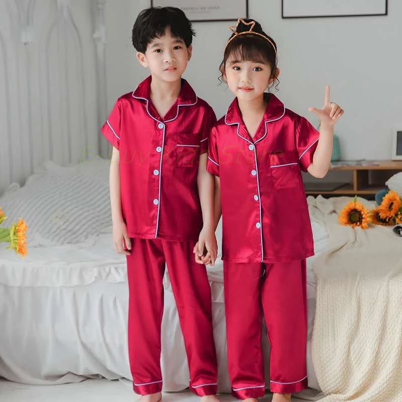 night gowns cheap Children's Sleepwear Satin Pajama Suits Spring Long Sleeves Homewear Sibling Silk Nightwear Baby Girls Clothes Pink Pajama Suits pajama sets button up	 Sleepwear & Robes