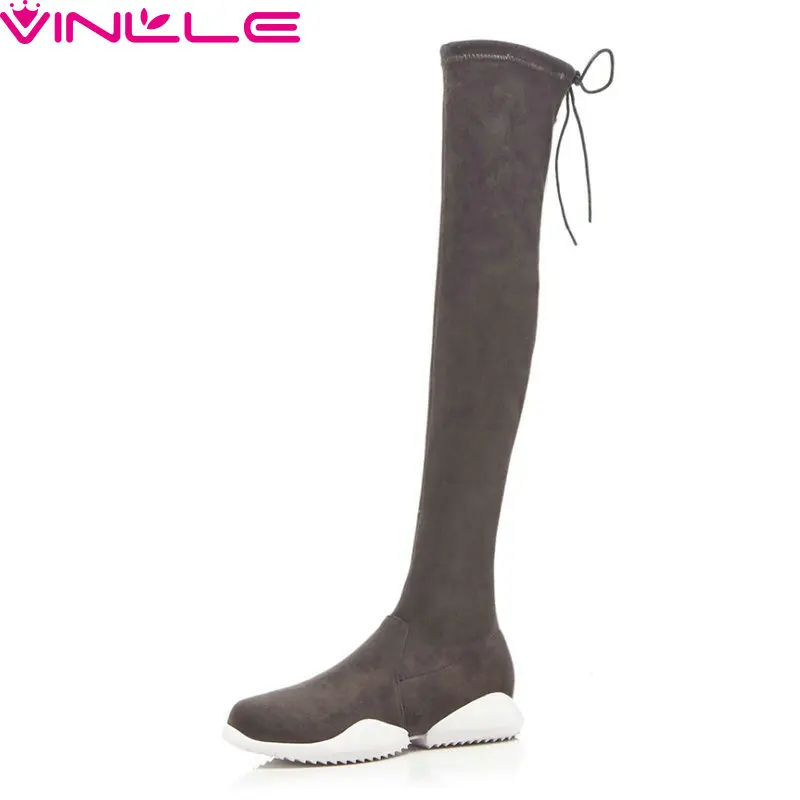 

VINLLE 2019 Fashion Women Over Knee High Boots Round Toe Sport Low Heel Simple Fashion Basic All Match Ladies Shoes Size 34-40